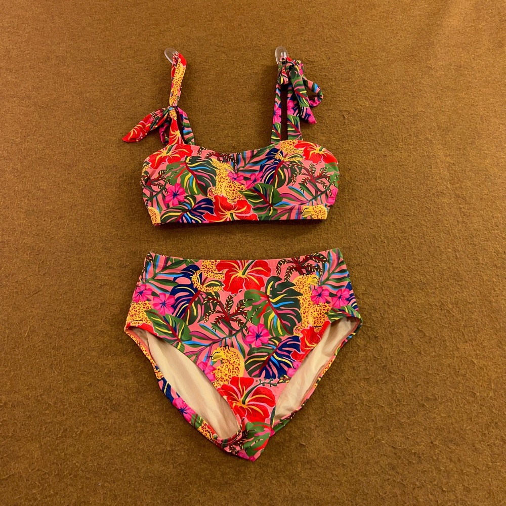 Unbranded Womens Medium Pink Tropical Leopard Floral High Waist Bikini Set New